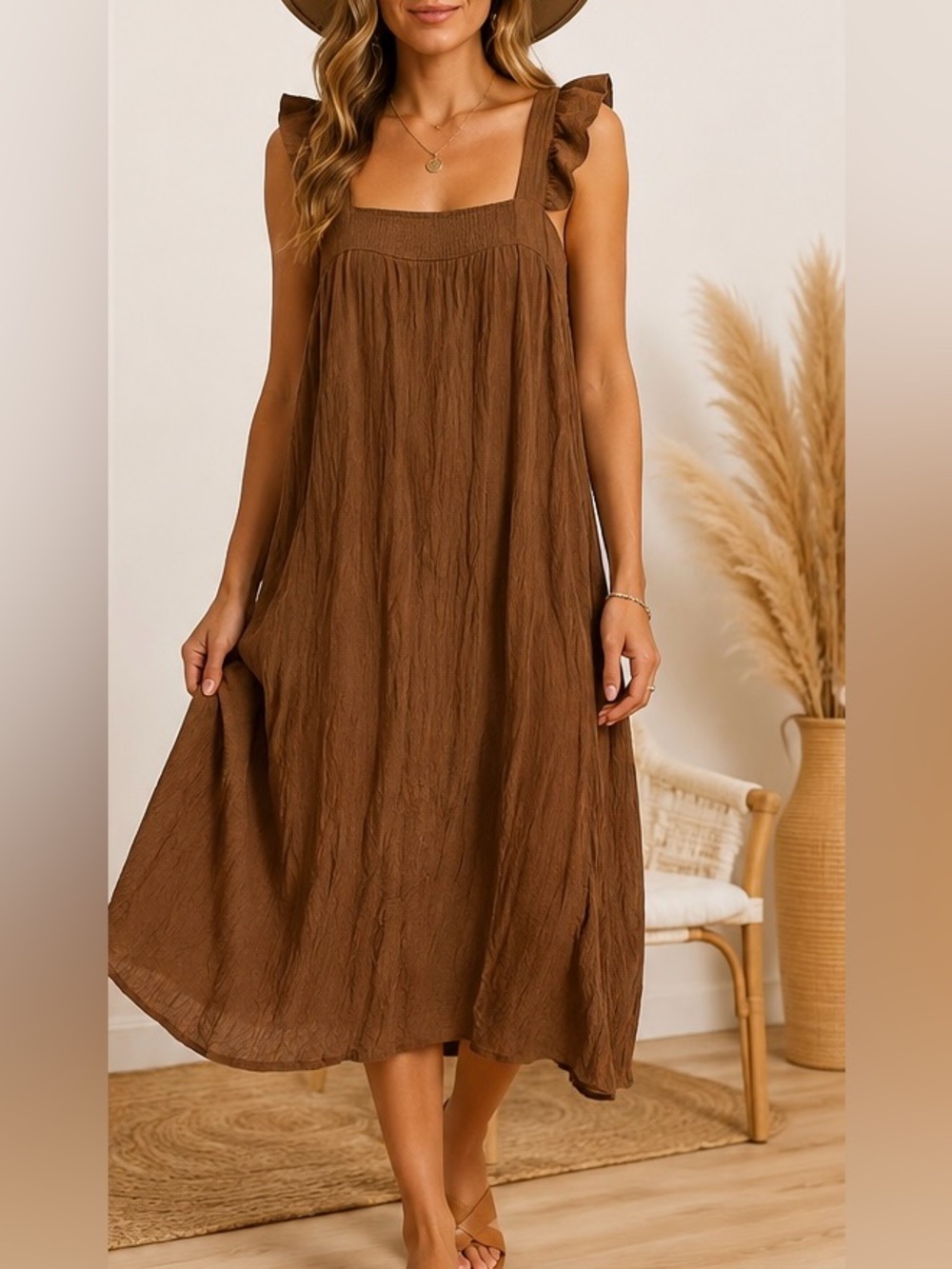 JODIFL Brown Ruffle Strap Sleeveless MIDI Dress Size Large Chic Coastal Beach
